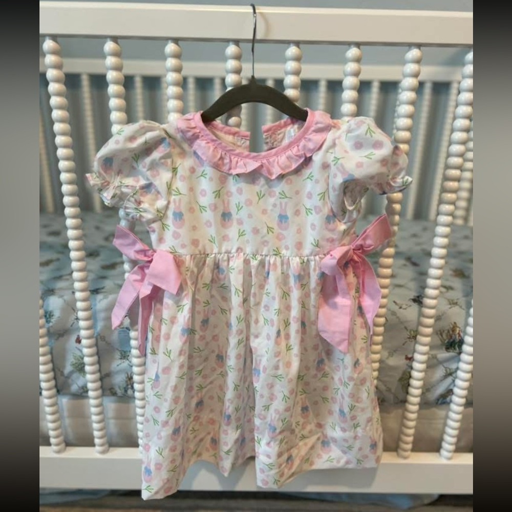 Sweet Pastel Floral bunny Dress with Pink Bows
